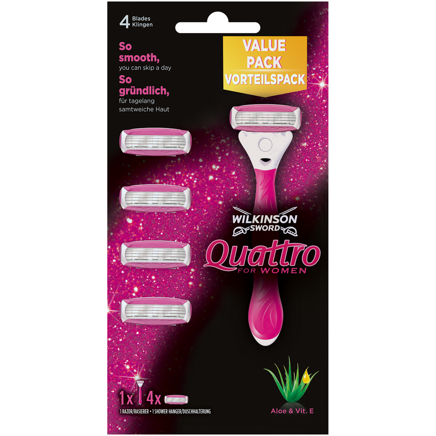 Wilkinson Sword Quattro For Women maszynka do golenia, 1 szt. + wkłady, 4  szt./1 opak. | hebe.pl