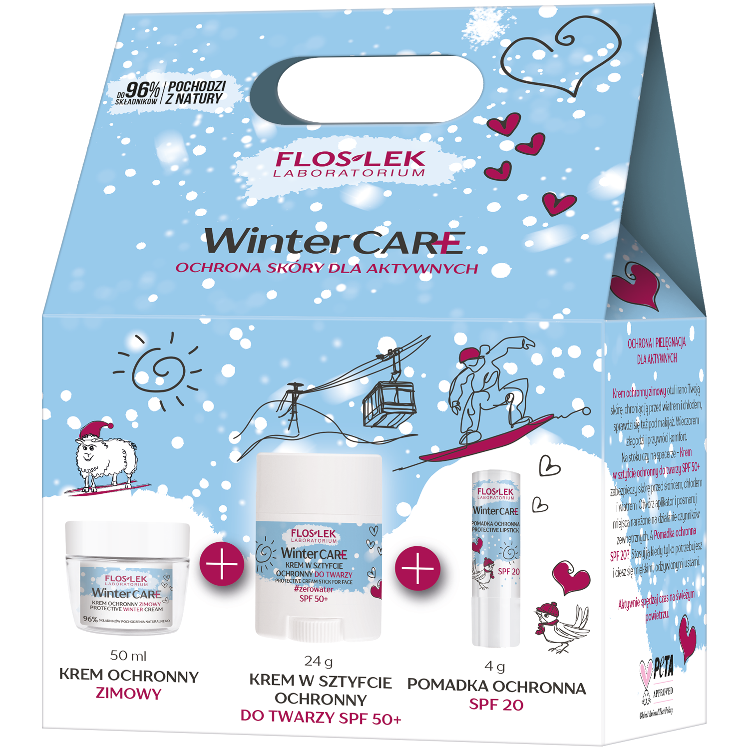 Floslek Winter Care zestaw: ochronny krem zimowy do twarzy, 50 ml +  ochronny krem z SPF50+ w sztyfcie do twarzy, 24 g + ochronna pomadka do ust  z SPF20, 3,5 g | hebe.pl